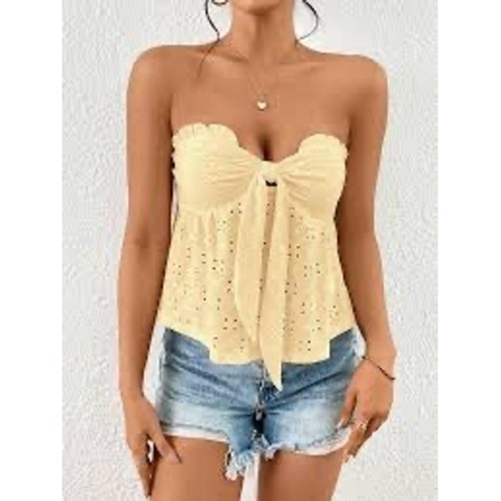 Womens Tube Top S Yellow Eyelet Tie Front Strapless Peplum Boho Summer Shein